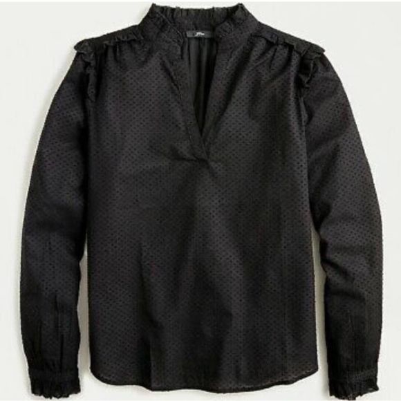 J. Crew GUC Polka Dot Embroidery V-neck Ruffle Details Blouse Top Size XS Black - Picture 3 of 6